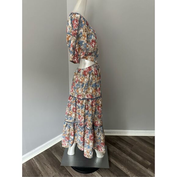 NWT En Saison Floral Cutout Puff Sleeve Soleil Midi Dress Multicolor Medium $145 - Picture 9 of 11